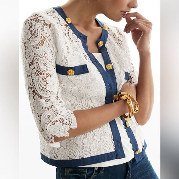 🆕 Michael Simon crocheted button jacket with denim trim NWT cardigan size med - Picture 1 of 15